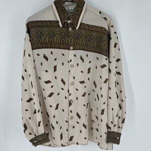Vintage Bertelli USA Mens Large Geometric Diamond Print Shirt Beige Brown
